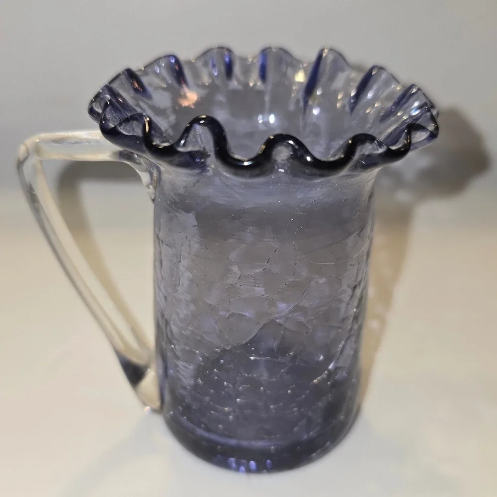 Vintage Purple Crackle Glass Pitcher‎ Ruffled Rim Clear Applied Handle 4 Inch